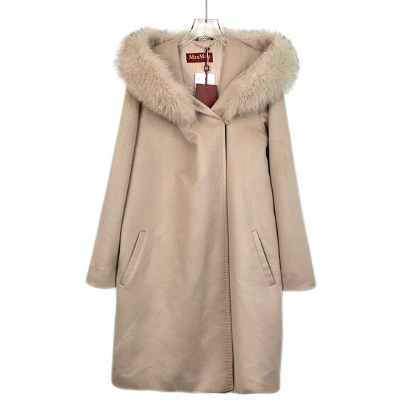 H12312 Maxmara apricot hooded fur collar cashmere coat 38 S size with tag withou